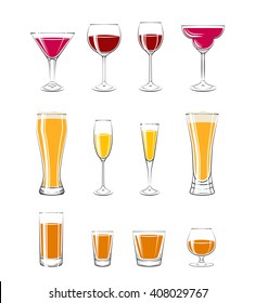 various glasses on black background. glasses for cocktails, wine, vodka, beer and water. everything for the bar and pub.