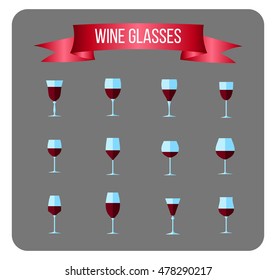 Various glasses of wine. Set of flat icons. Stock vector