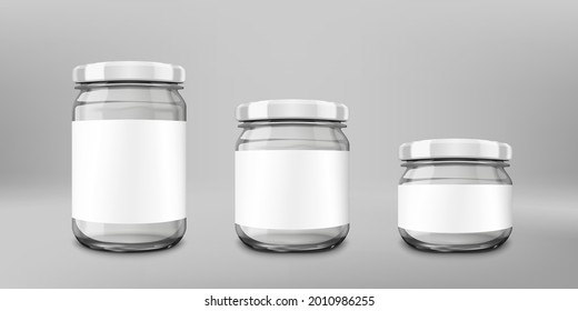 Various Glossy Transparent Glass Jar With White Lid Set. EPS10 Vector