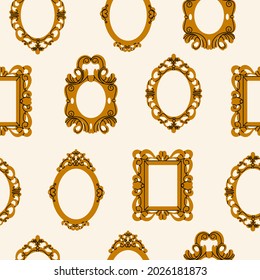 Various golden decorative Frames or borders. Different shapes. Photo or mirror frames. Elegant, modern style. Hand drawn colored trendy Vector seamless Pattern. Background, wallpaper