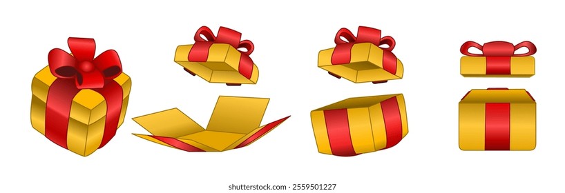 Various golden gift boxes with red ribbons, including an open box and different angles displayed