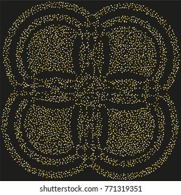 Various golden powder background of random scatter golden geometric figures isolated on black.