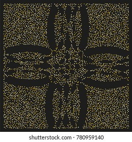 Various golden powder background of random scatter golden geometric figures isolated on black.