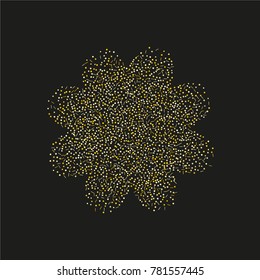 Various golden powder background of random scatter golden geometric figures isolated on black.