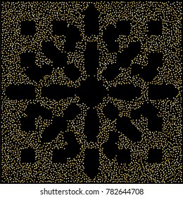 Various golden powder background of random scatter golden geometric figures isolated on black.