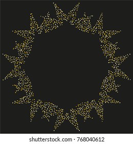 Various golden powder frame or border of random scatter golden geometric figures isolated on black.