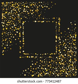 Various golden powder frame or border of random scatter golden geometric figures isolated on black.