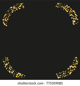 Various golden powder frame or border of random scatter golden geometric figures isolated on black.