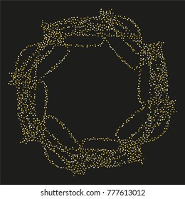 Various golden powder frame or border of random scatter golden geometric figures isolated on black.