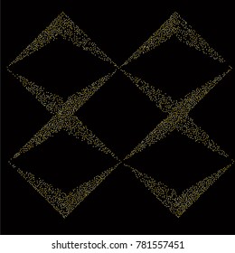 Various golden powder frame or border of random scatter golden geometric figures isolated on black.