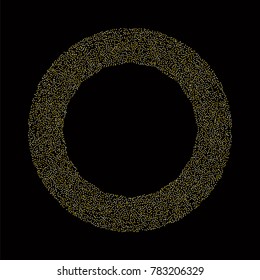 Various golden powder frame or border of random scatter golden geometric figures isolated on black.