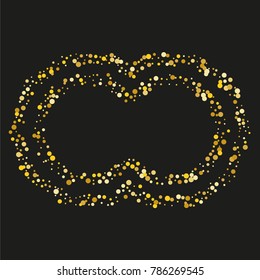 Various golden powder frame or border of random scatter golden geometric figures isolated on black.