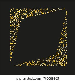 Various golden powder frame or border of random scatter golden geometric figures isolated on black.