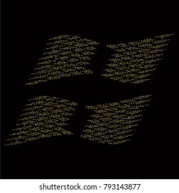 Various golden powder frame or border of random scatter golden geometric figures isolated on black.