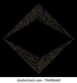Various golden powder frame or border of random scatter golden geometric figures isolated on black.