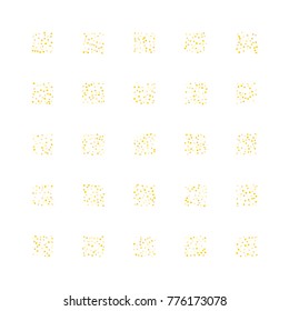 Various golden sand background of random scatter golden geometric figures isolated on white.