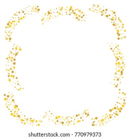 Various golden sand frame or border of random scatter golden geometric figures isolated on white.
