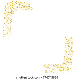 Various golden sand frame or border of random scatter golden geometric figures isolated on white.