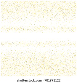 Various golden sand frame or border of random scatter golden geometric figures isolated on white.