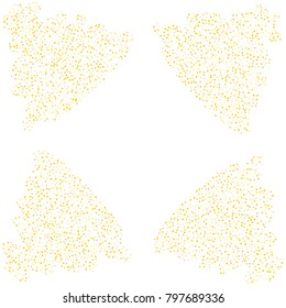 Various golden sand frame or border of random scatter golden geometric figures isolated on white.
