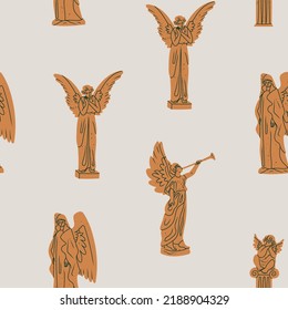 Various golden Statues. Sculptures with wings. Antique statue with horn. Statues of angels, cupid, cherub. Hand drawn modern Vector illustration. Cartoon style. Square seamless Pattern