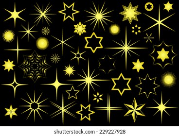 Various golden vector stars collection on black background