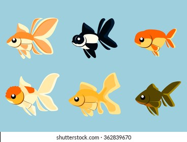 Various Goldfish Strains In Simple Vector Illustration.