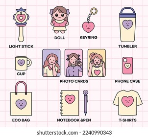 Various goods for idol fans. Products with idol photos and logos on light sticks and photo cards.