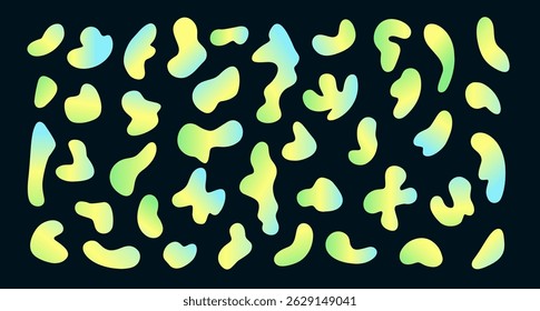 Various gradient blobs, blotch shapes. Vector illustration. Set of irregular, abstract drops and stains isolated on black backdrop