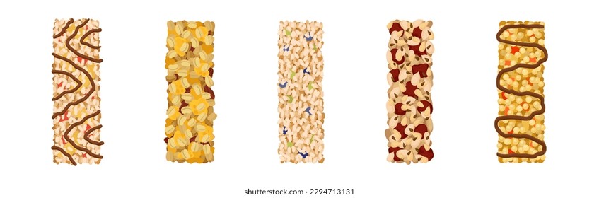 Various Granola Bars with Oatmeal, Nuts and Puffed Rice Vector Set