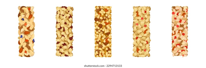 Various Granola Bars with Oatmeal, Nuts and Puffed Rice Vector Set