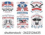 Various graphic designs showcase themes of freedom and patriotism. Elements include eagles flags and symbols of American heritage emphasizing national pride and unity.