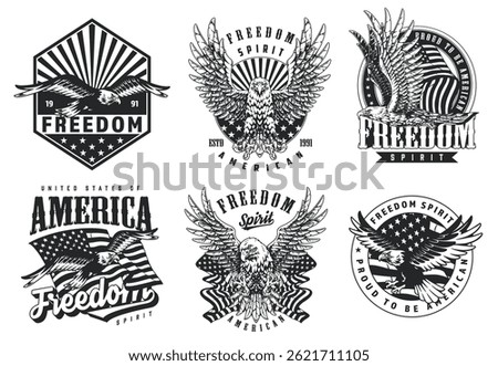 Various graphic designs showcasing freedom themes with eagles and the American flag. Features bold text and unique styles celebrating patriotism and spirit. Ideal for various creative projects.