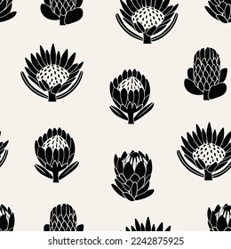 Various graphic Protea flowers. Abstract black flowers with leaves and branch. Hand drawn Vector illustration. Design decoration, print, wallpaper template. Square seamless Pattern