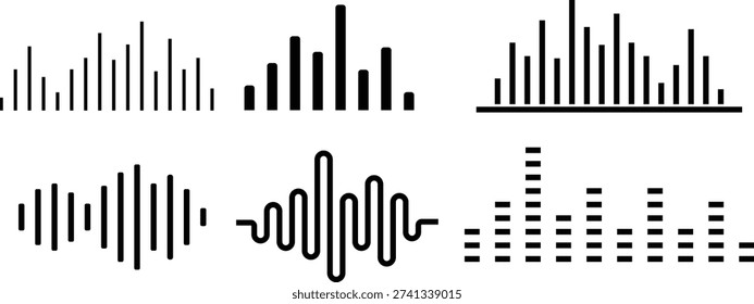 Various graphical representations of sound levels featuring bar charts, continuous lines, and distinct spikes illustrating audio analysis. These distinct minimalist designs show spectral data and volume fluctuations for media applications.