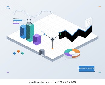 Various graphs and charts are displayed to show different aspects of data analysis. The layout aims to represent growth and efficiency in business contexts, with a focus on reporting.