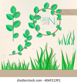 Various grass and brunches samples. Green wreath, brunch and grass bunch  - decorative paper objects.