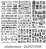 Various grayscale icons representing buildings, vehicles, and industrial structures create a comprehensive visualization of urban infrastructure