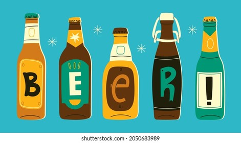 Various green, brown, yellow glass Beer bottles. Different letters on labels. Hand drawn trendy Vector illustration. Every bottle is isolated. Brewery concept. Design elements for restaurant, pub