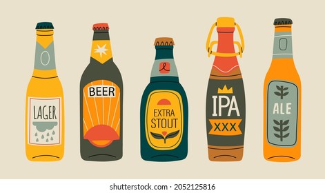 Various green, brown, yellow glass Beer bottles. Different beer types, labels. Hand drawn trendy Vector illustration. Every bottle is isolated. Brewery concept. Design elements for restaurant, pub