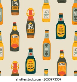 Various green, brown, yellow glass Beer bottles. Different beer types, labels. Hand drawn trendy Vector illustration. Square seamless Pattern. Brewery concept. Design elements for restaurant, pub