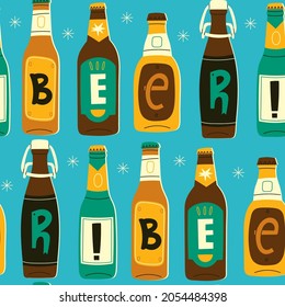 Various green, brown, yellow glass Beer bottles. Different letters on labels. Hand drawn trendy Vector illustration. Brewery concept. Design elements for restaurant, pub. Square seamless Pattern