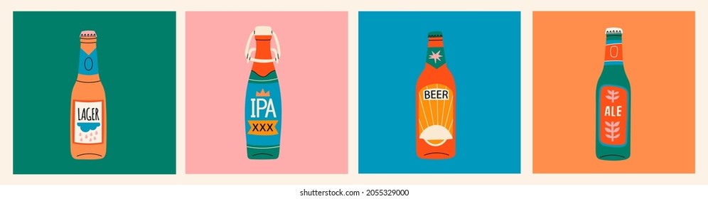 Varias botellas de cerveza de vidrio verde, marrón y amarillo. Diferentes tipos de cerveza, etiquetas. Dibujo a mano a la moda ilustración Vector. Todas las botellas están aisladas. Concepto de cervecería. Elementos de diseño para restaurante, pub