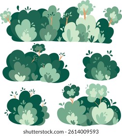  Various green bushes and plants with trees 
