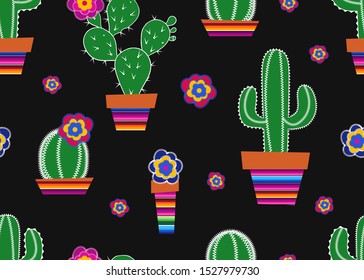 Various green cacti in flower pots with Mexican Blanket Stripes texture. Seamless vector pattern on a black background.