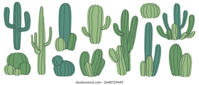 Vários cactos de desenhos animados verdes, conjunto de ilustração de plantas do deserto