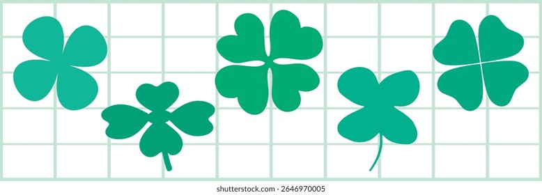 Various green clovers on a grid background. Different clover shapes in green. Green clovers displayed in a row on a grid. Nature illustrations, vector set.