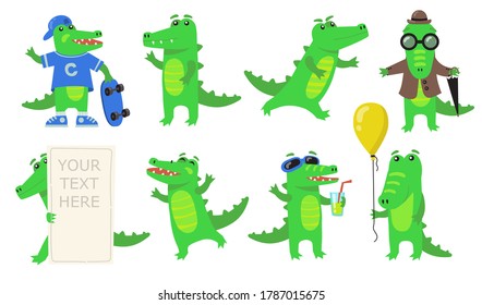 Various green crocodile characters flat icon set. Cartoon funny alligator or wild amphibian reptile in different poses isolated vector illustration collection. Animals and mascot concept