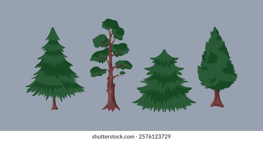 Various green fir-trees flat color vector objects set. Beautiful coniferous forest flora plants illustrations bundle on grey background