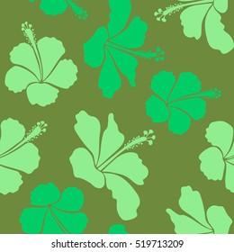 Various green hibiscus hawaiian tropical flowers. Vector floral seamless pattern.